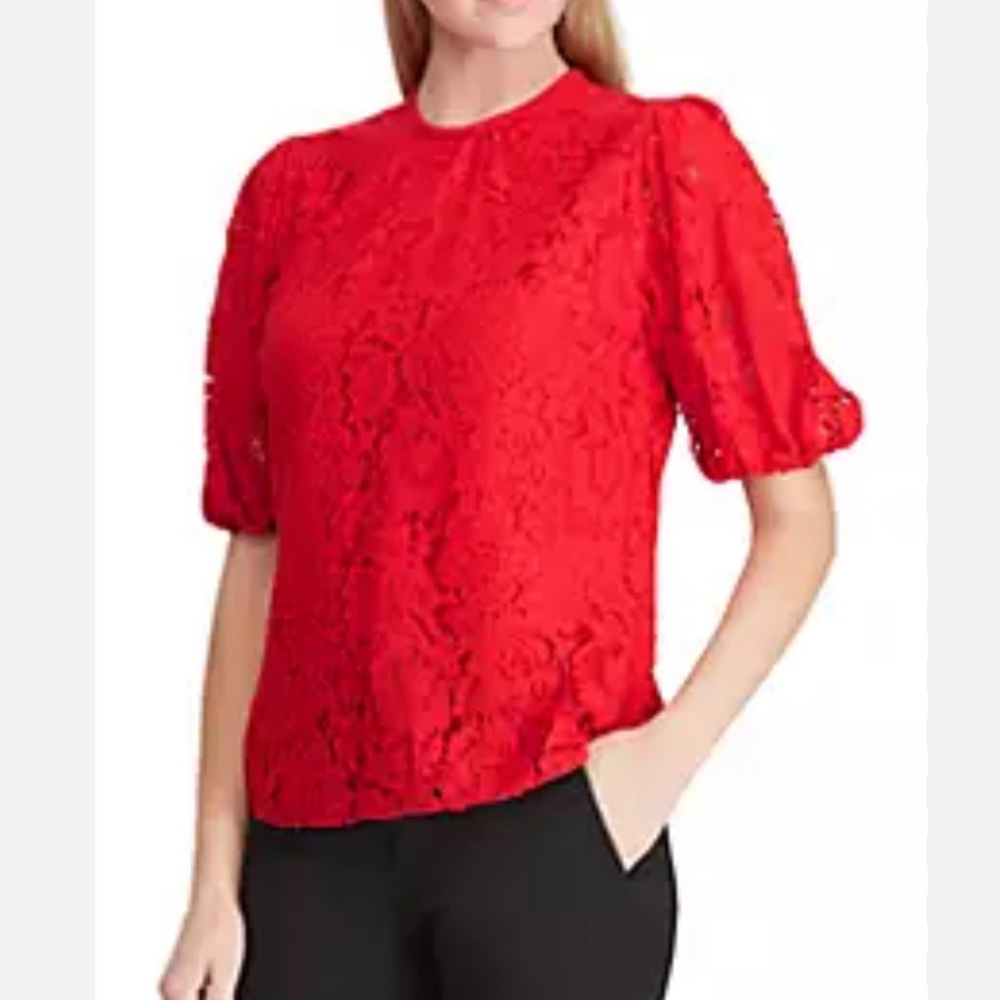 Lauren Ralph Lauren NWT Puff Sleeve Lace Top Blouse Red XL